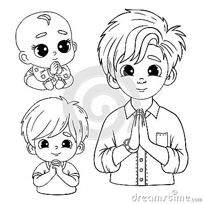 Cute praying boys. Little infant, baby boy and teenager guy with folded hands in prayer. Isolated outline hand drawn Vector Illustration