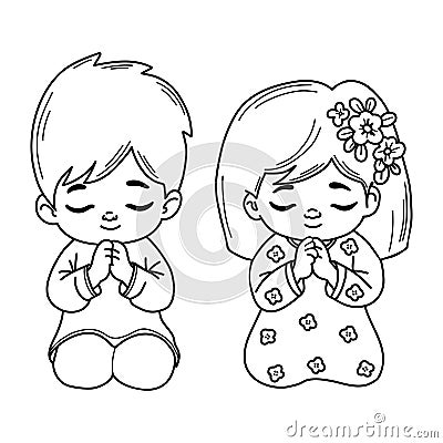 Cute praying children girl and boy. Religious believer little child character on his knees with folded hands in prayer Vector Illustration