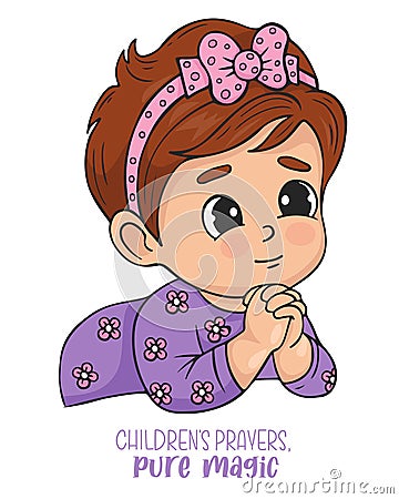 Cute praying little girl. Religious believer child character. Vector illustration. Kids collection. Vector Illustration