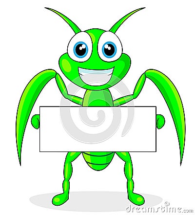 Cute praying mantis holding a blank sign Vector Illustration