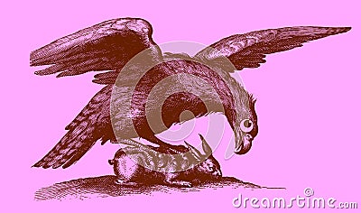 Cute predator: eagle with outstretched wings sitting on a captured rabbit Vector Illustration