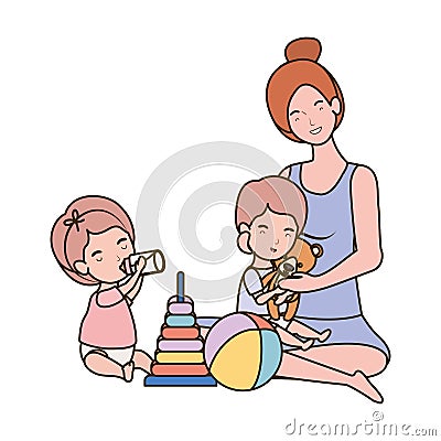 Cute pregnancy mother with little kids characters Vector Illustration