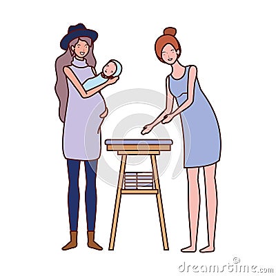 Cute pregnancy mothers with little baby characters Vector Illustration