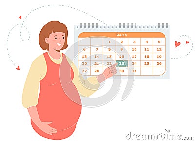 Cute pregnant girl stands by the monthly planner calendar. Woman points to the calendar with her hand Vector Illustration