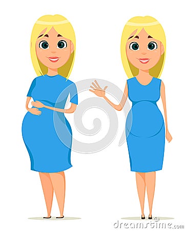 Cute pregnant woman in blue dress. Beautiful blond pregnant girl standing in two poses, set. Vector Illustration