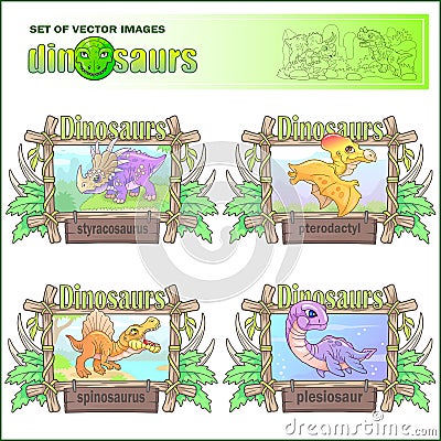 Cute prehistoric dinosaurs, set of funny images Vector Illustration