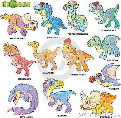 Cute prehistoric dinosaurs, set of images, funny illustrations Vector Illustration