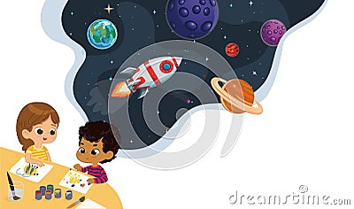 Cute preschool kids draw planets and imagine theirself trevel on the rocket. Space, rockers stars, galaxy, and planets Vector Illustration