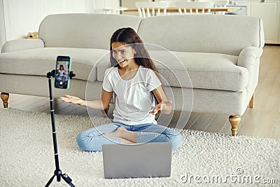 Cute preteen 12s girl blogger record video for vlog Stock Photo