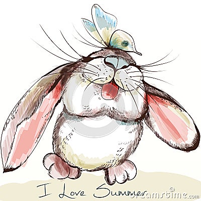 Cute and pretty bunny with butterfly enoying summertime. I love Cartoon Illustration