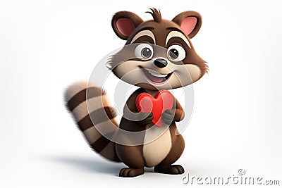 Cute pretty raccoon baby with red heart for birthday gift or valentine's day greeting card Stock Photo
