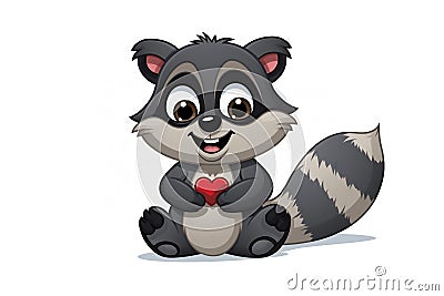 Cute pretty raccoon baby with red heart for birthday gift or valentine's day greeting card Stock Photo