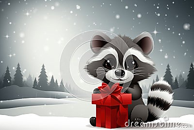 Cute pretty raccoon with gift box for birthday gift or valentine's day greeting card Stock Photo