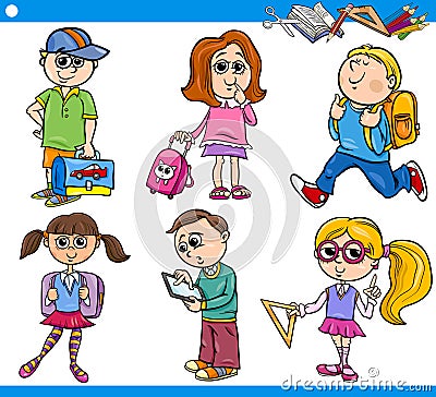 Cute primary school children cartoon set Vector Illustration