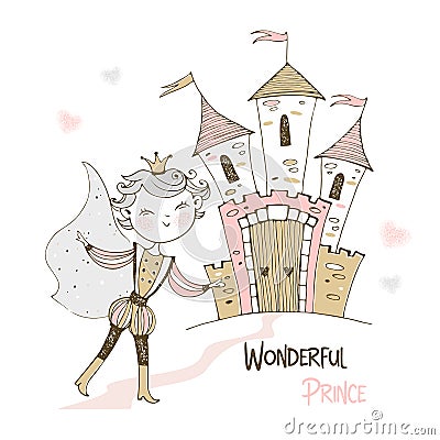 Cute Prince and a fairy-tale castle. Vector. Vector Illustration