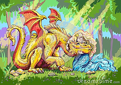 Fairytale. princess hugs happy and charmed yellow dragon Vector Illustration