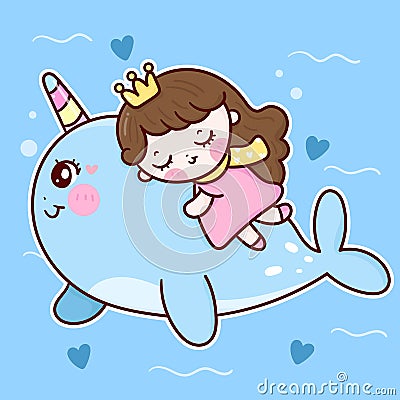 Cute princess cartoon sleep on narwhal vector marine life kawaii animals background Vector Illustration