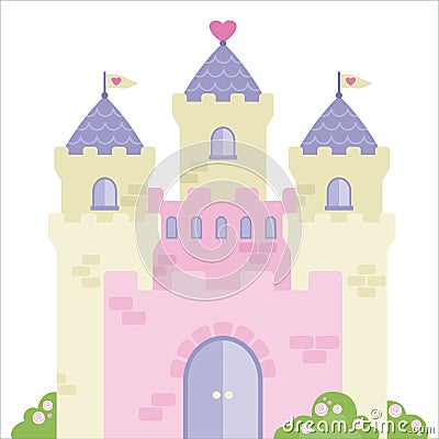 Cute Princess Castle with Hearts Flat Illustration Isolated on White Vector Illustration