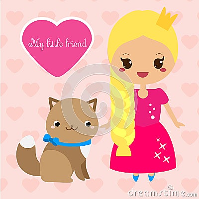 Cute princess with cat pet. Girl in long pink dress. Vector illustration in kawaii style Vector Illustration