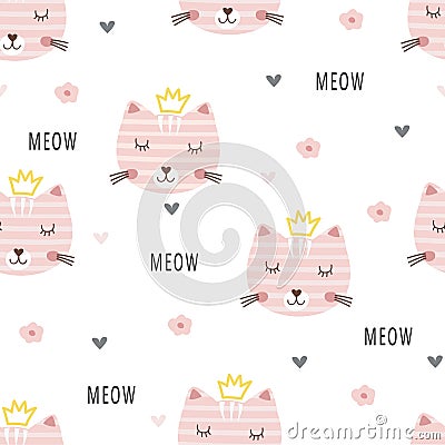 Cute princess cats seamless pattern Vector Illustration