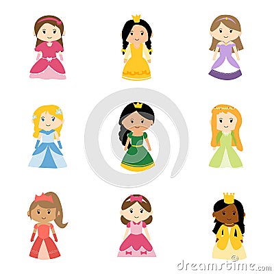 cute princess clipart element of girls wearing princess dress like fairy tale Vector Illustration