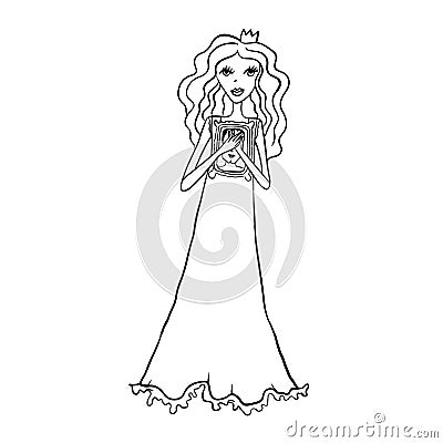 Cute princess dreams about charming prince. Simple black and white art for coloring book. Vector illustration. Vector Illustration