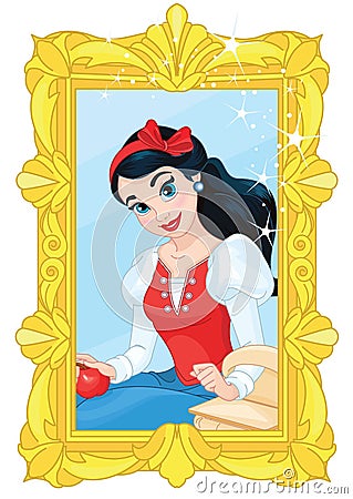 Cute Princess and Magic Mirror Vector Illustration