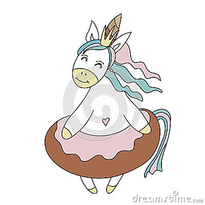 Cute princess pony unicorn. Colorful illustration isolated on white background. Vector Illustration