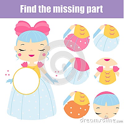 Cute princess puzzle for toddlers. Find missing part of picture. Educational game for children and kids Vector Illustration