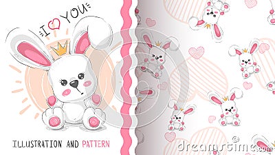 Cute princess rabbit - seamless pattern Vector Illustration