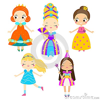 Cute princess set. Girls in queen dresses. Vector collection of cartoon fairy tales characters Vector Illustration