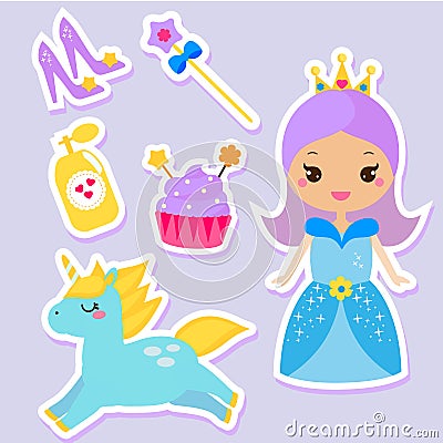 Cute princess stickers. fairy tale girl, unicorn, fashion accessories set. For children design Vector Illustration
