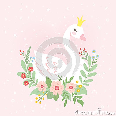 Cute princess swan in crown with flowers on pink background. Vector Illustration