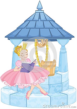 Cute Princess and Wishing Well Vector Illustration