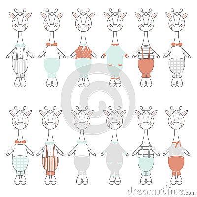 Cute print with giraffes in fun different costumes. African animal wildlife Stock Photo