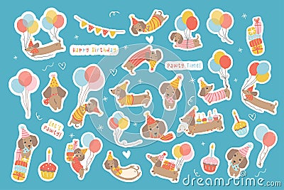 cute Printable sticker birthday Sausage dog dachshund puppy party cartoon illustration set Vector Illustration