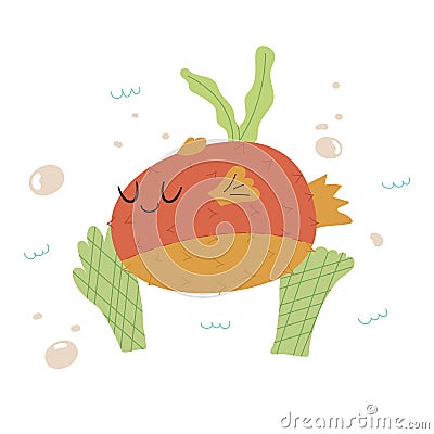 Cute pufferfish character with face floating. Sea animal colorful design for kids, print in cartoon flat style. Vector stock Cartoon Illustration