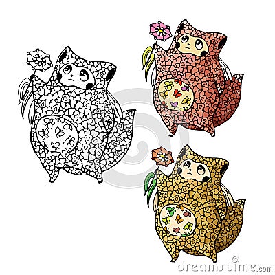 Cute puffy cat with butterflies in her stomach gives a flower Vector Illustration