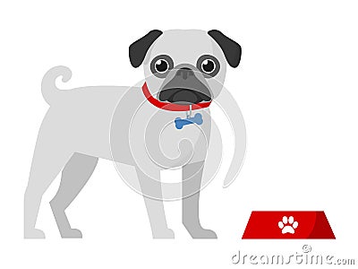 cute pug with bowl. Vector Illustration