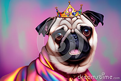 Cute pug with crowns on heads smiling on bright multicolored background. Portrait of happy dogs with royal accessories Stock Photo