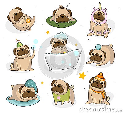 Cute pug dog set. Hand drawn pug stickers isolated on white back Vector Illustration