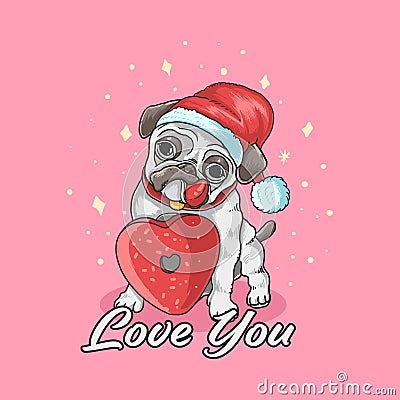 Cute pug love doughnut pink colorful Vector Illustration