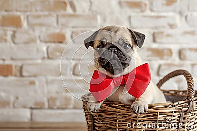 Cute pug puppy with red bow in basket, rustic brick wall on background Stock Photo