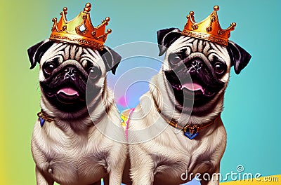 Cute pugs with crowns on heads smiling on bright multicolored background. Portrait of happy dogs with royal accessories Stock Photo