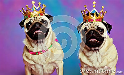 Cute pugs with crowns on heads smiling on bright multicolored background. Portrait of happy dogs with royal accessories Stock Photo