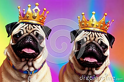 Cute pugs with crowns on heads smiling on bright multicolored background. Portrait of happy dogs with royal accessories Stock Photo