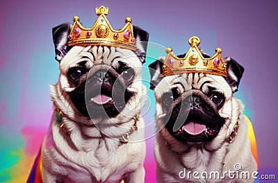 Cute pugs with crowns on heads smiling on bright multicolored background. Portrait of happy dogs with royal accessories Stock Photo