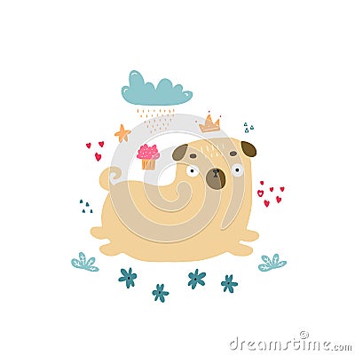 Cute Pugs. Dogs. Hand drawing isolated objects on white background. Vector illustration Vector Illustration