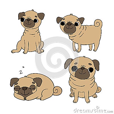 Cute Pugs. Dogs. Vector Illustration