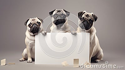 Cute pugs hold white empty paper board mockup. Isolated on gray background. Stock Photo